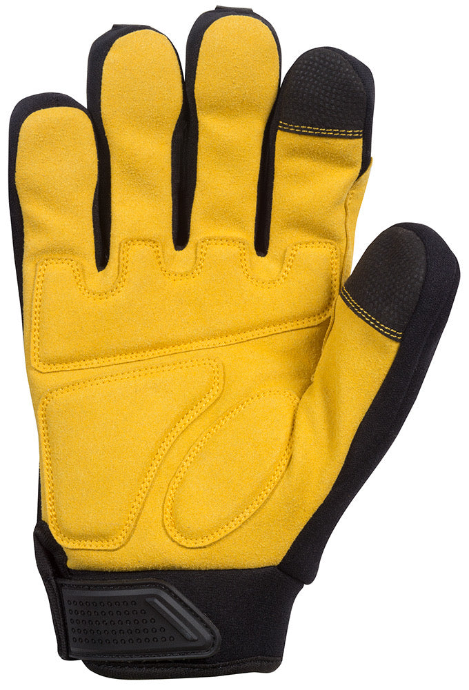A photograph of the bottom of Safety TUFF's premium-grade impact glove which is primarily yellow. Shows the padding on the knuckles, as well as the two rubber fingertips, and a velcro wrist closure to ensure a snug fit.