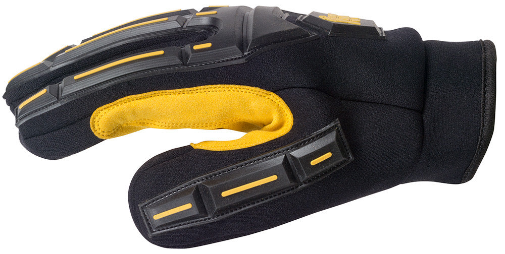 Thumb side view of Safety TUFF's impact glove showing a better view of the shape of the black glove with a yellow palm, and the protective finger guards on the thumb