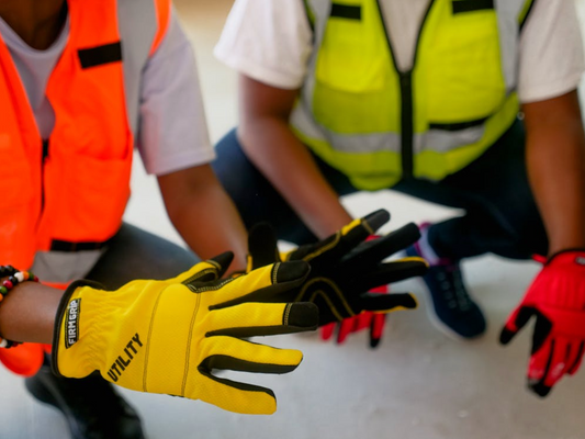 Two workers wearing safety vests crouch on the ground, extending their hands to show different pairs of work gloves — one in bright yellow utility style and the other in red — highlighting protective gear in a construction or jobsite setting.