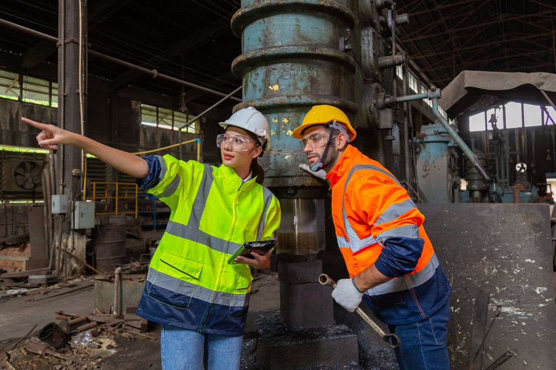 Two industrial workers in their industrial safety gear - industrial safety glove concept