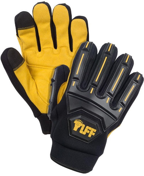 A pair of Safety TUFF Impact Gloves, front and back.