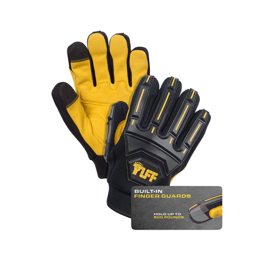 A pair of Safety TUFF Impact Gloves, front and back.