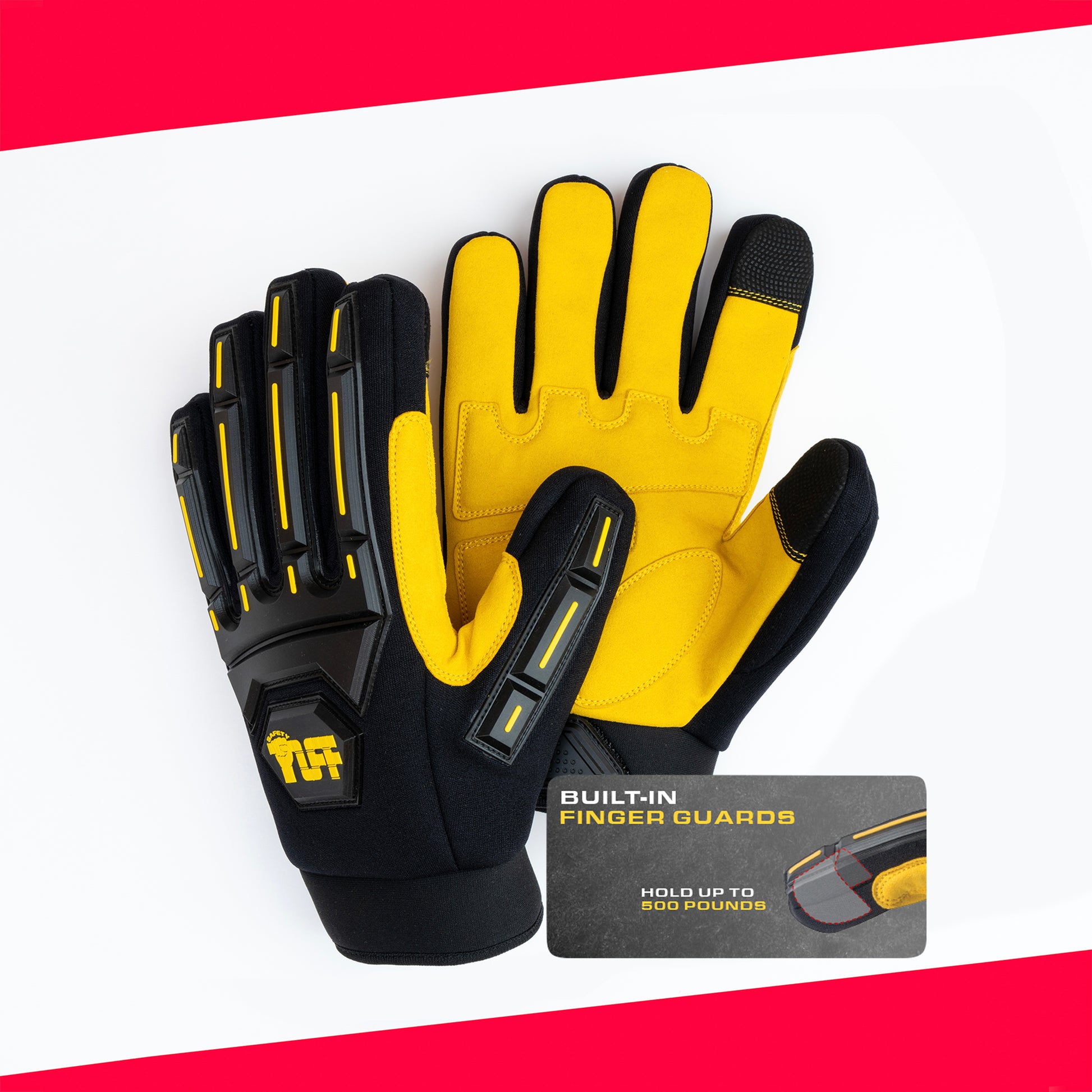 A pair of Safety TUFF cut-resistant Impact Gloves, front and back.