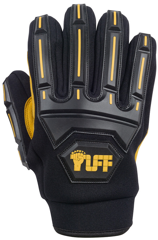 A photograph of the top view of Safety TUFF's premium-grade impact glove. It is a black glove with harder material black finger and knuckle guards and a yellow Safety TUFF logo