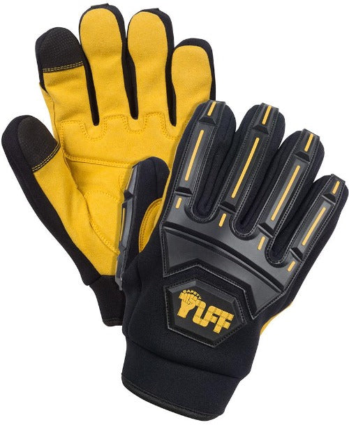 Photograph of Safety TUFF's premium-grade impact glove front and back. The glove features a rugged design with reinforced padding on the knuckles and fingers. The image showcases the glove's detailed yellow stitching on a primarily black glove, rubberized grip surface, and distinct yellow logo.