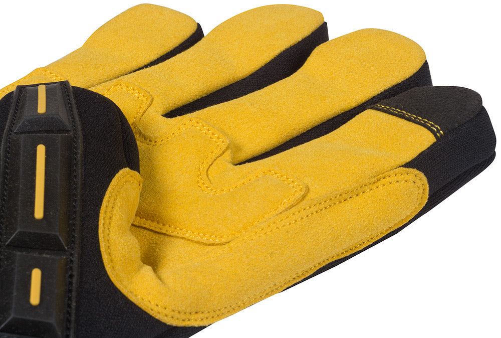 Close up of the yellow fingers and pads on the bottom of the Safety TUFF premium-grade impact glove