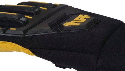 close up of the Safety TUFF logo on the back of the impact glove. Primarily black glove with a yellow logo